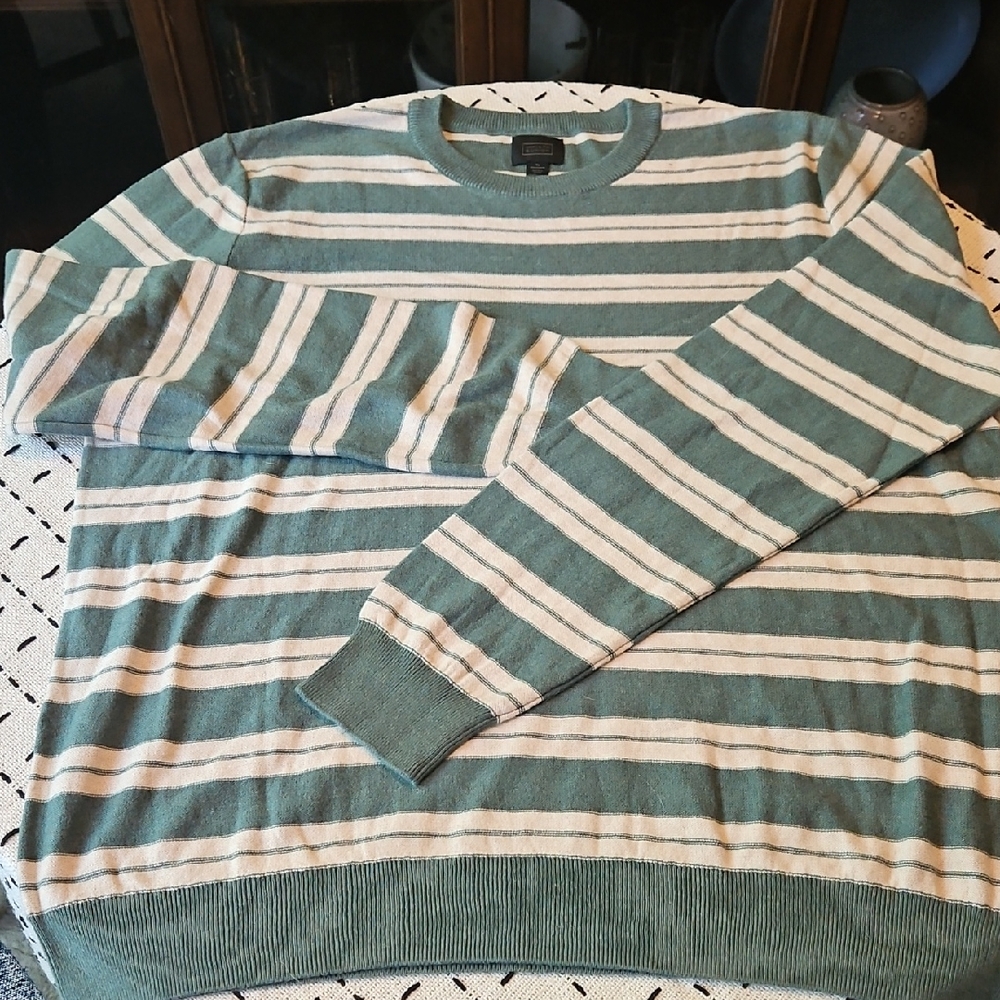 LAST CALL Cotton-Cashmere 14th & Union Green and Cream Striped Crewneck Sweater